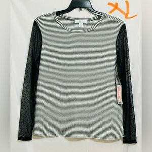 LADIES BLACK & WHITE STRIPED SWEATER WITH SHEER SLEEVES